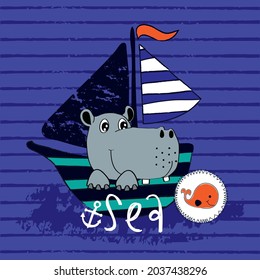 Illustration of a cartoon hippo on a ship.