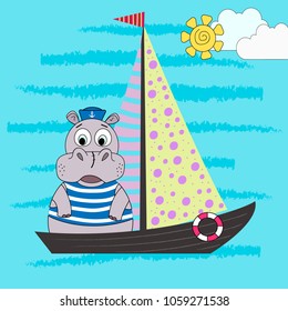 Illustration of a cartoon hippo of a sailor on a ship. Vector illustration. T-shirt graphics for kids.