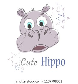 Illustration of a cartoon hippo with the stars. Design for t-shirt. T-shirt graphics for kids.