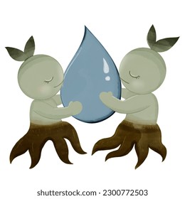 Illustration of cartoon holding a drop of water for world environment