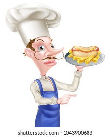 An Illustration of a Cartoon Hotdog Chef Pointing