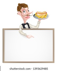 An Illustration of a Cartoon Hotdog and Fries Waiter Sign