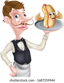 An Illustration of a Cartoon Hotdog Mascot Waiter