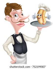 An Illustration of a Cartoon Hotdog Waiter