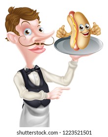 An Illustration of a Cartoon Hotdog Waiter Butler Pointing