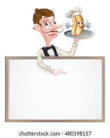 An Illustration of a Cartoon Hotdog Waiter Sign