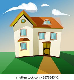 Illustration of a cartoon house in the afternoon or in the morning
