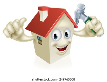 An illustration of a cartoon house character holding a hammer. Concept for home improvement, DIY or similar