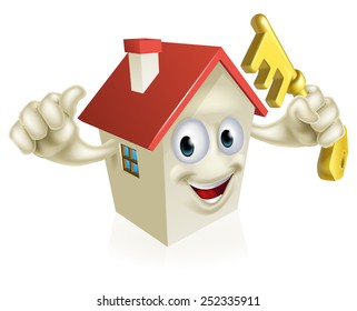 An illustration of a cartoon house character holding a key. Concept for buying a new home, real estate or similar