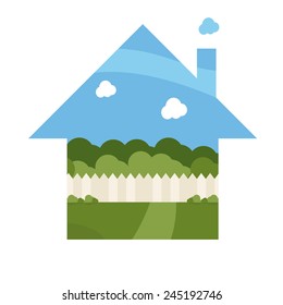 Illustration of cartoon house with garden. Vector