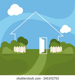 Illustration of cartoon house with garden. Vector