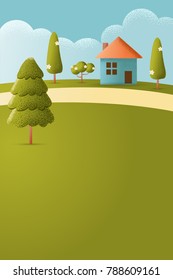 Illustration of a cartoon house inside beautiful meadows landscape in summer season. Vector texture style concept illustration.
