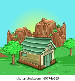 Illustration of a cartoon house Inside Green Fields and tree, cliff