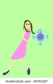 Illustration of cartoon housewife holding large clock.