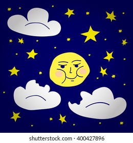 illustration of a cartoon hungry moon eating clouds among the stars, cartoon back night background. picture for children. Eps10. 