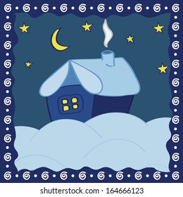 Illustration of a cartoon hut in the night