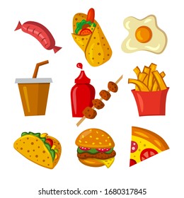 illustration of the cartoon icon set of the fast food meals