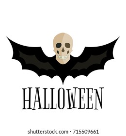 Illustration of a cartoon image of a bat with a skull instead of a head. Sits a bat. Vector skull drawing with wings. Halloween ghost bat on light background.