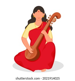 Illustration Of Cartoon Indian Woman Playing Sitar Or Veena On White Background.