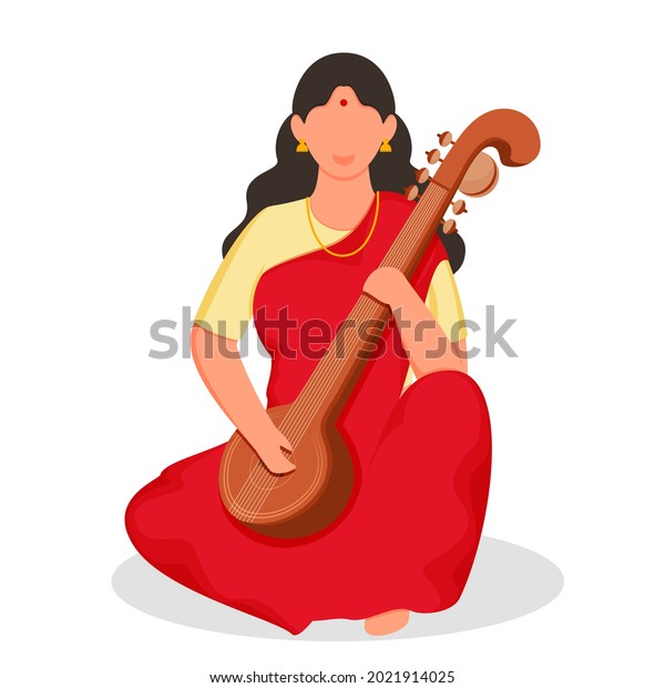 Illustration Of Cartoon Indian Woman Playing\
Sitar Or Veena On White\
Background.