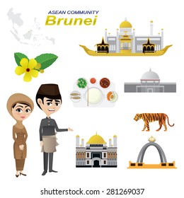 Illustration Of Cartoon Infographic Of Brunei Asean Community. Use For Icons And Infographic. Traditional Costume National Flower Animal Food And Landmark. Elements Of This Image Furnished By NASA