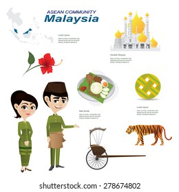 Illustration Of Cartoon Infographic Of Malaysia Asean Community. Use For Icons And Infographic. Traditional Costume National Flower Animal Food And Landmark.Elements Of This Image Furnished By NASA