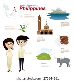 Illustration of cartoon infographic of philippines asean community. Use for icons and infographic. traditional costume national flower animal food and landmark.Elements of this image furnished by NASA