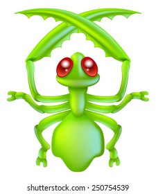 An illustration of a cartoon insect preying mantis bug character