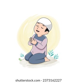 Illustration cartoon islamic character praying, muslim boy