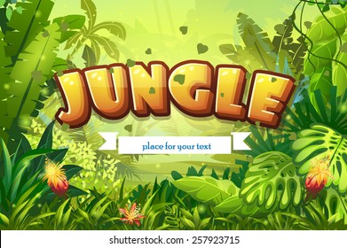 Illustration Cartoon Jungle With Inscription And Ribbon For Your Text