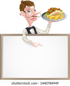 An Illustration of a Cartoon Kebab and Chips Waiter Sign