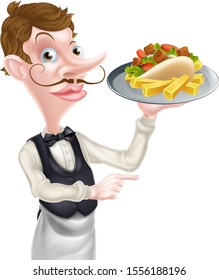 An Illustration of a Cartoon Kebab and Chips Waiter Pointing