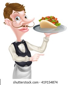 An Illustration of a Cartoon Kebab Pita Waiter Pointing