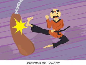 Illustration of cartoon kicking ninja clothed in kimono.