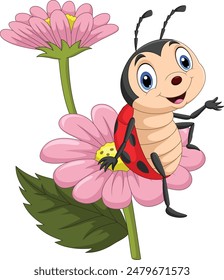 Illustration des Cartoon Marienkäfer auf einer Blume sitzend