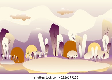 Illustration of a cartoon landscape. Fabulously beautiful forest landscape for the game. Vector illustration in cartoon style. User interface design.
