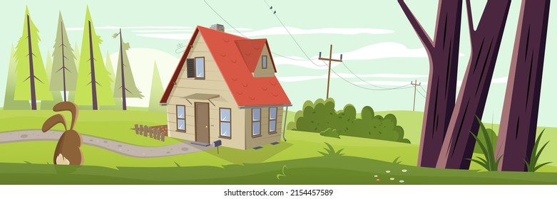 illustration of a cartoon landscape with house and trees