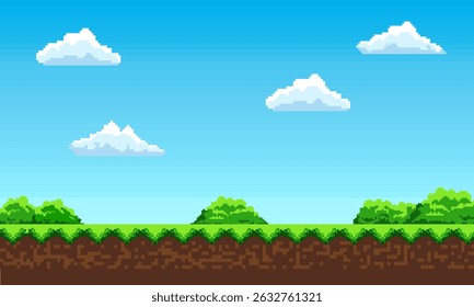 illustration of Cartoon landscape retro pixel art game interface design background