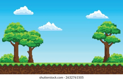 ilustração de paisagem de desenhos animados retro pixel art estilo 8 bits interface design fundo