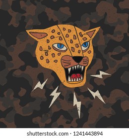 illustration cartoon leopard/T-shirt graphics/ leopard graphics on a camouflage pattern background/vector