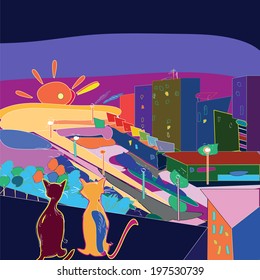Illustration in cartoon like manner of two cats sitting on the roof and enjoying a sunset in the city. Concept of urban life,