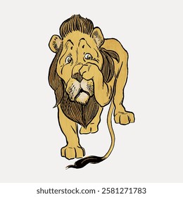 Illustration of a cartoon lion, appearing nervous. The lion, with a bushy mane, looks anxious. Cartoon lion, nervous expression, bushy mane, cartoon style. Vintage animal illustration vector.