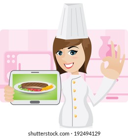 illustration of cartoon little chef showing menu steak in tablet