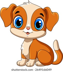 Illustration of cartoon little cute dog and adorable sitting and smiling on white background