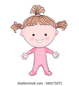 Illustration of cartoon little girl in pink and brown color on the white background