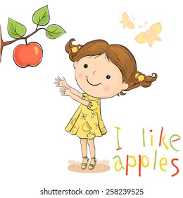 Illustration of cartoon little girl who wants to pick a big red apple from the branch on the white background