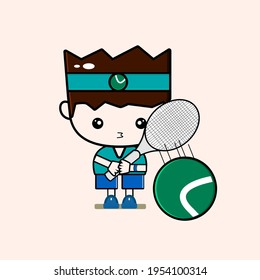 Illustration cartoon little tennis athlete hitting the ball using a racket vector graphic