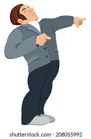 Illustration of cartoon male character isolated on white. Retro hipster man standing in gray jacket and pointing with his index finger.