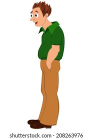 Illustration of cartoon male character isolated on white. Cartoon man in green shirt and hands in to pockets. 