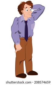 Illustration of cartoon male character isolated on white. Cartoon man in purple shirt touching hair. 